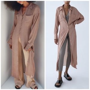 Zara Red Floral Print Satin Button Front Maxi Shirt Dress